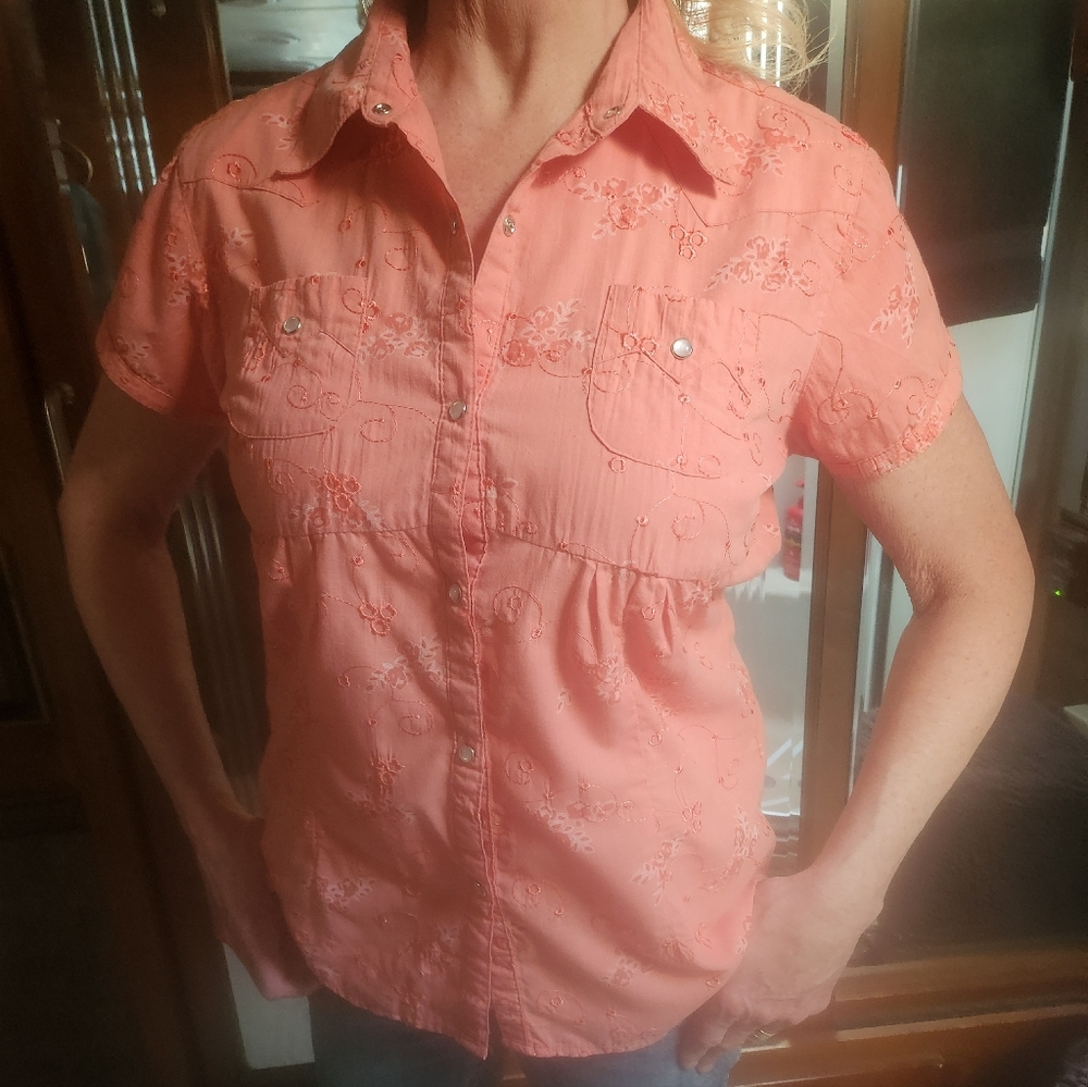 Shyanne Western Pearl Snap Embroidered Peach Short Sleeve Cotton Top Size L - Picture 9 of 14
